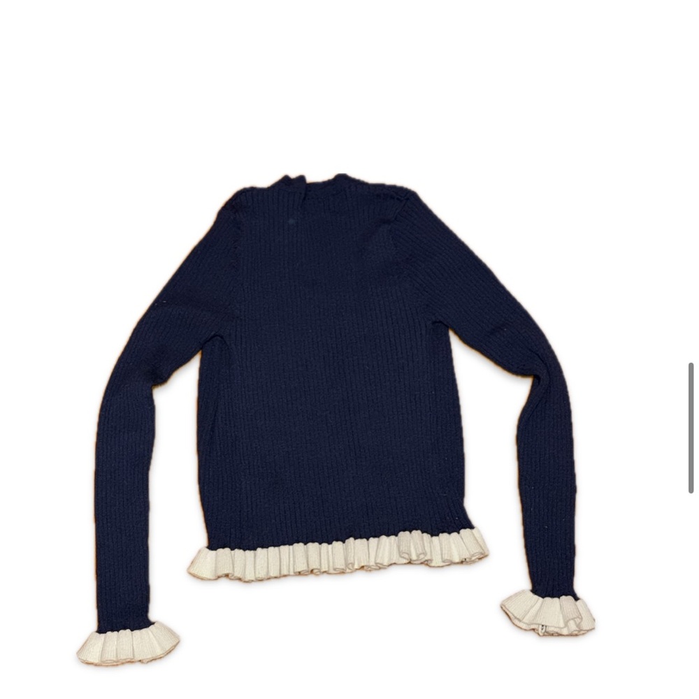 Tight fitting Navy Ruffle Trim Ribbed Cardigan Sweater Small - Picture 3 of 3